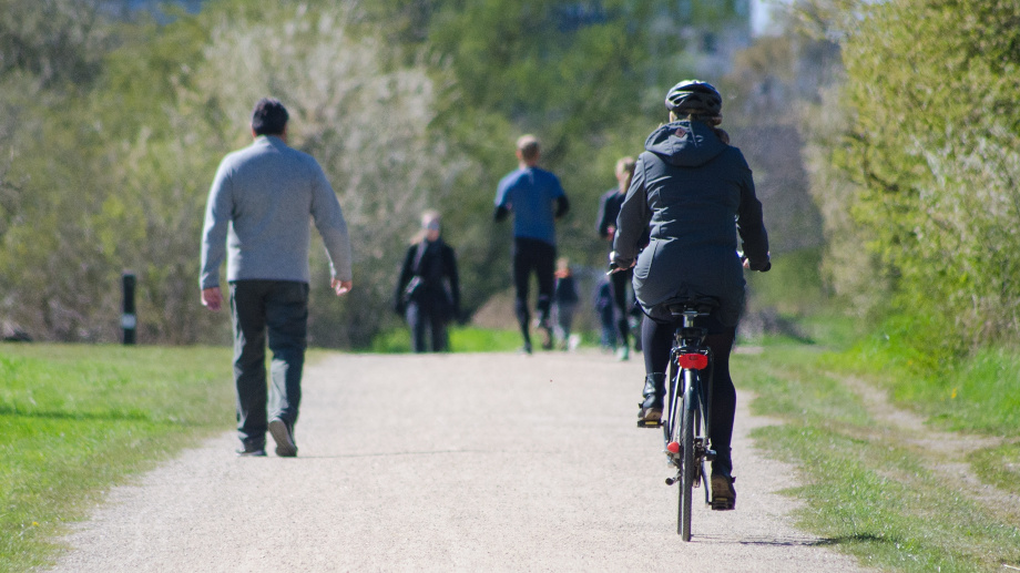 People walking and cycling in a park
