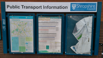 Public information board at Oswestry Bus Station